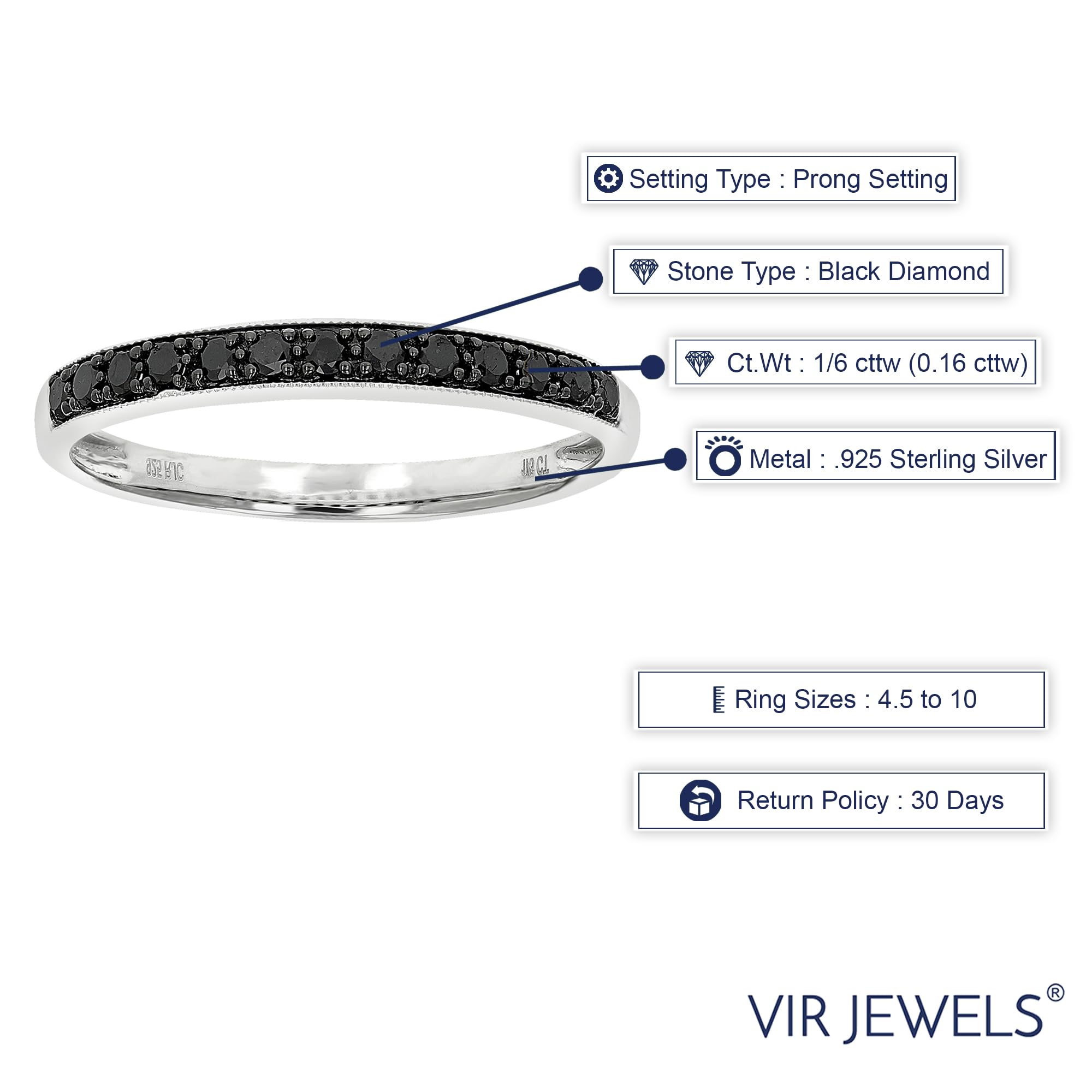 Vir Jewels 1/6 cttw Black Diamond Wedding Band in .925 Sterling Silver with Milgrain Size 8.5