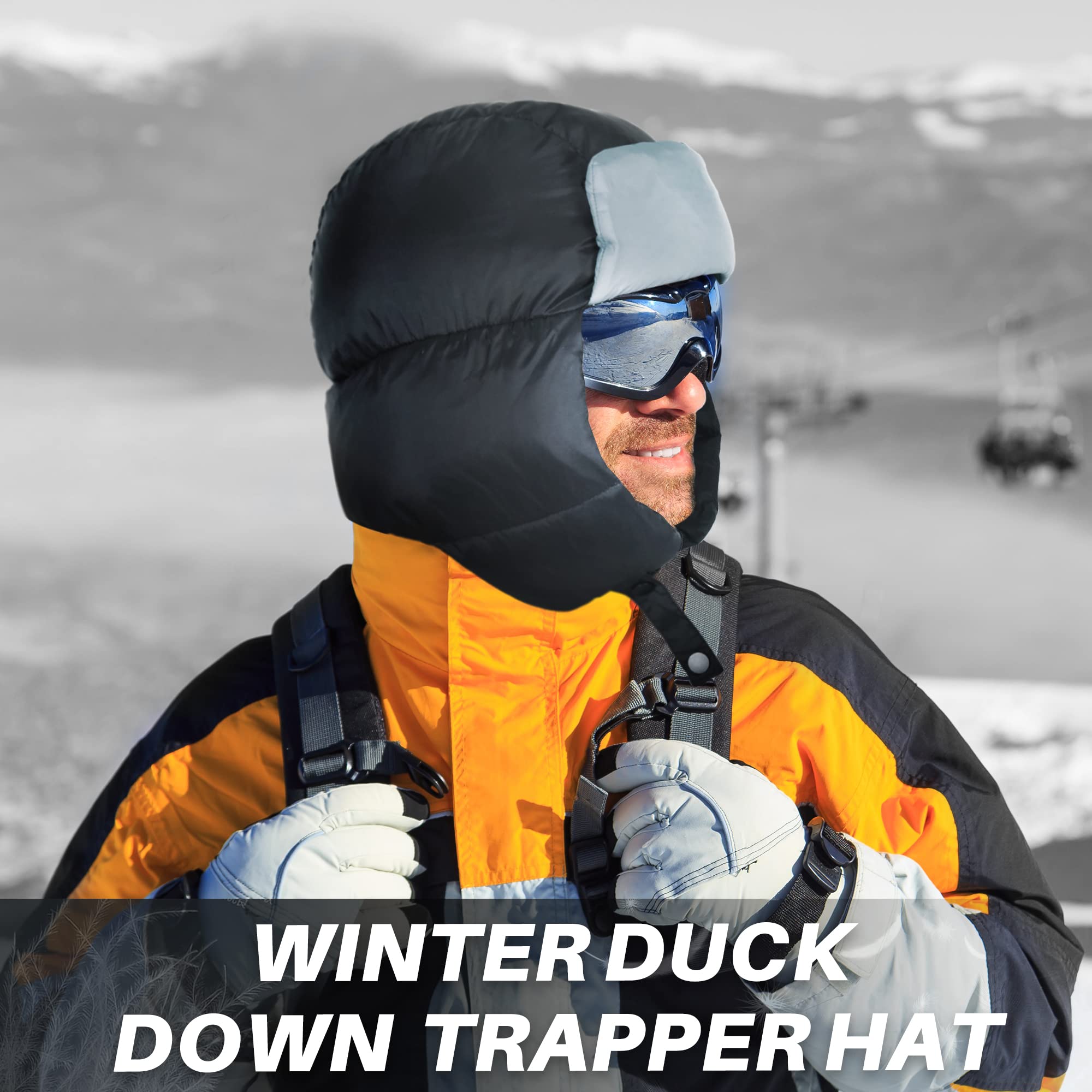 Botack Duck Down Mens Trapper Hat, Winter Warm Waterproof Ear Flap Down Hat for Hunting Camping Motorcycling Black