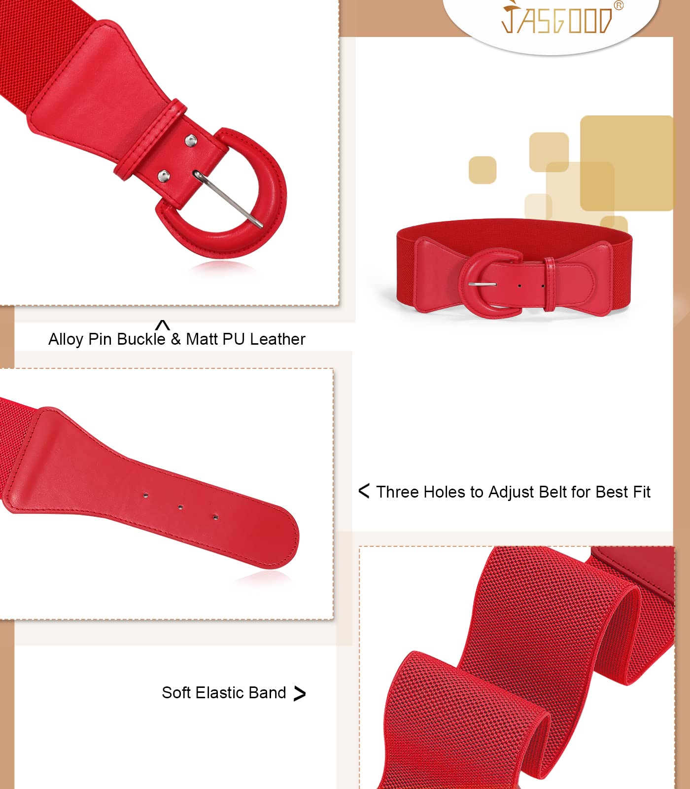 JASGOOD Women Retro Wide Stretchy Waist Belt, Vintage Chunky Buckle Red Belts for Dress