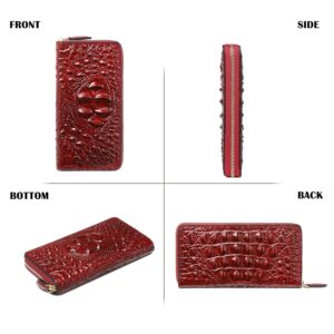 Women Leather Wallet RFID Designer crocodile Large Capacity Credit Cards Holder Organizer Phone Clutch (Wine)