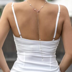 Sttiafay Pearl Back Necklace for Wedding Bridal Silver Backdrop Y-necklace Long Back Chain Sexy Tassel Back Necklace Body Jewelry for Backless Dress Women