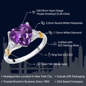 Gem Stone King 925 Silver and 10K Yellow Gold 10MM Heart Gemstone Birthstone White Moissanite and White Diamond Engagement Ring For Women | Available in Size 5,6,7,8,9