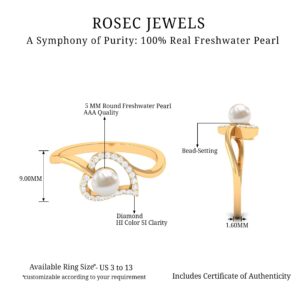 Rosec Jewels Freshwater Pearl Heart Bypass Ring| 5 MM Round| AAA Quality| Promise Ring for Her, 14K Yellow Gold, Size:US 7.50