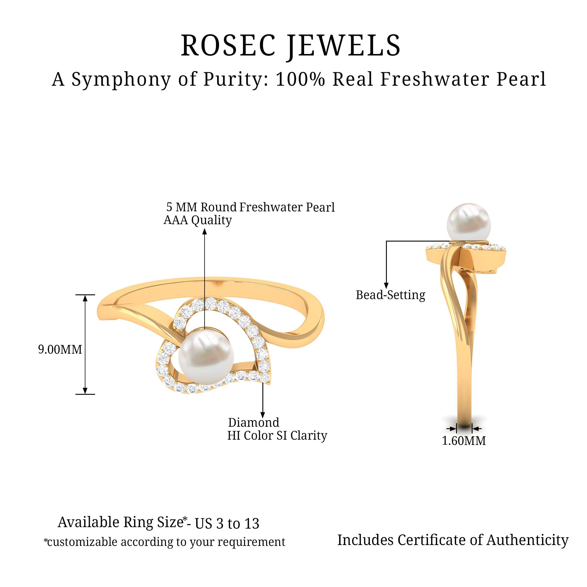 Rosec Jewels Freshwater Pearl Heart Bypass Ring| 5 MM Round| AAA Quality| Promise Ring for Her, 14K Yellow Gold, Size:US 7.50