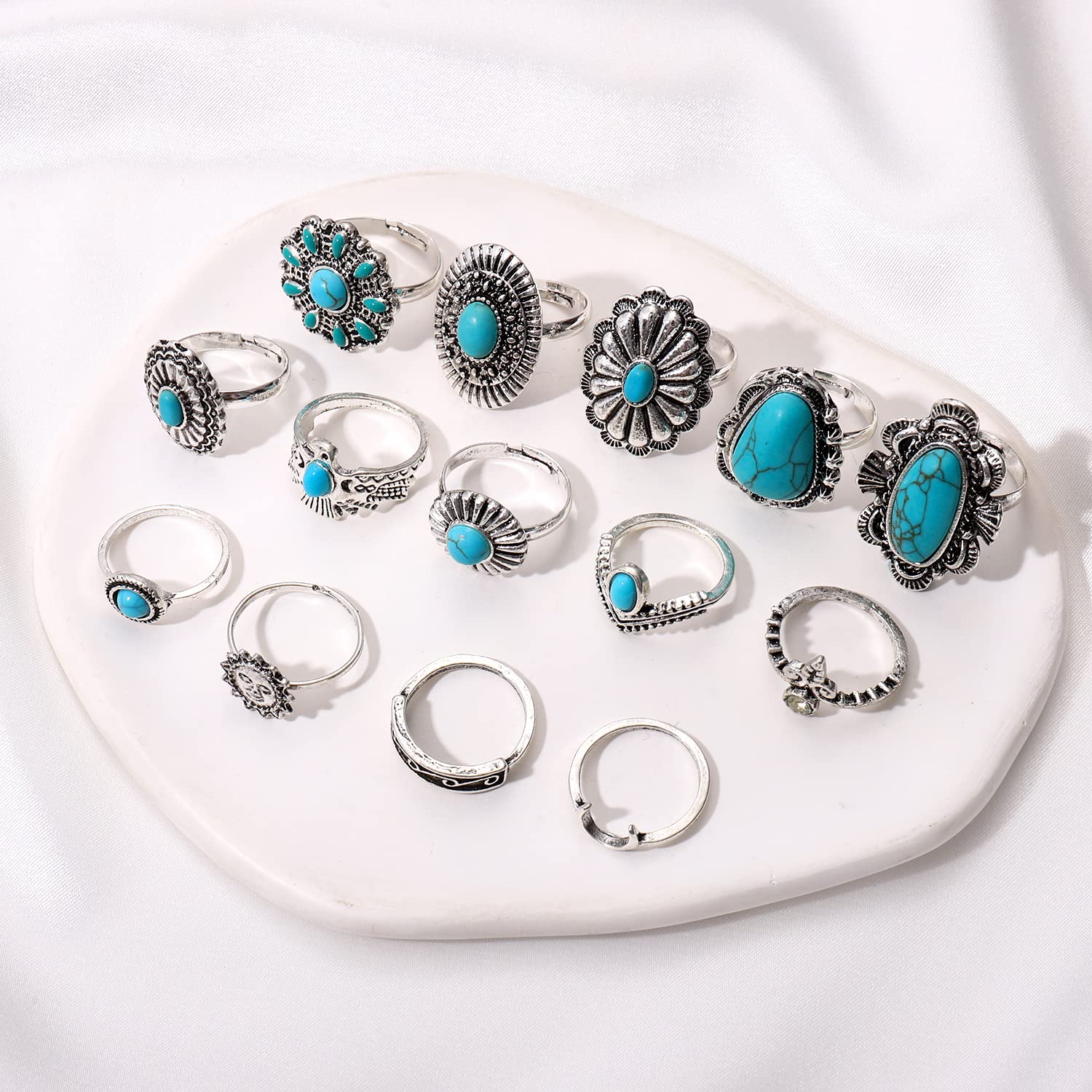 BVGA 40 Pcs Vintage Turquoise Rings for Women Bohemian Silver Oval Gemstone Rings Western Rings Boho Joint Knuckle Rings Midi Stacking Rings Set Gifts