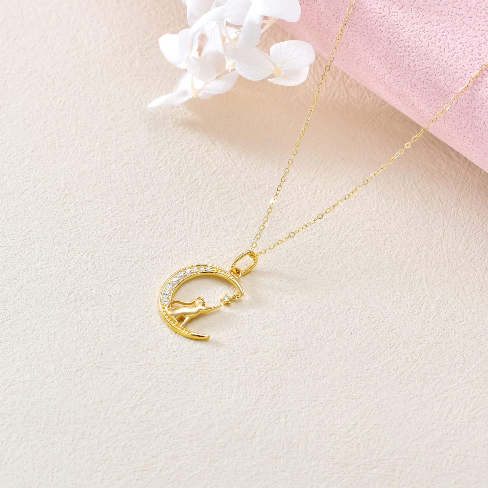 SISGEM 14K Real Gold Moon Cat Necklace for Women, Delicate Gold Cat Star Crescent Moon Pendant Anniversary Jewelry Gift for Her,Wife, Mom, Girl 18"