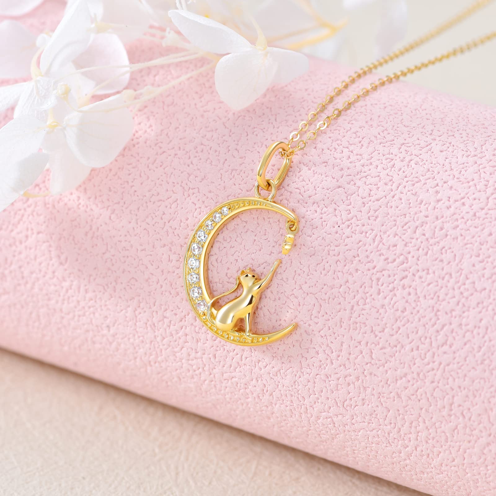 SISGEM 14K Real Gold Moon Cat Necklace for Women, Delicate Gold Cat Star Crescent Moon Pendant Anniversary Jewelry Gift for Her,Wife, Mom, Girl 18"