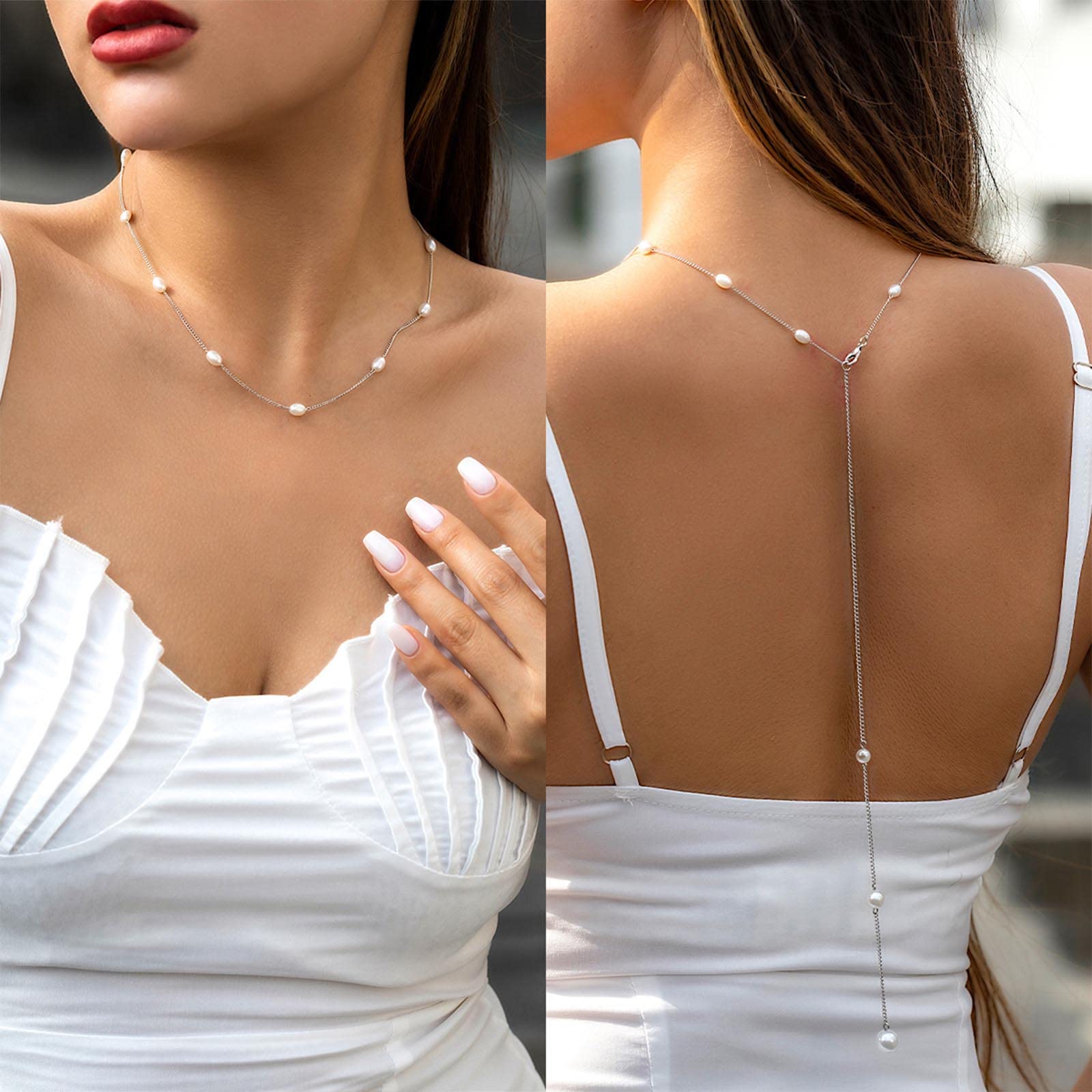 Sttiafay Pearl Back Necklace for Wedding Bridal Silver Backdrop Y-necklace Long Back Chain Sexy Tassel Back Necklace Body Jewelry for Backless Dress Women