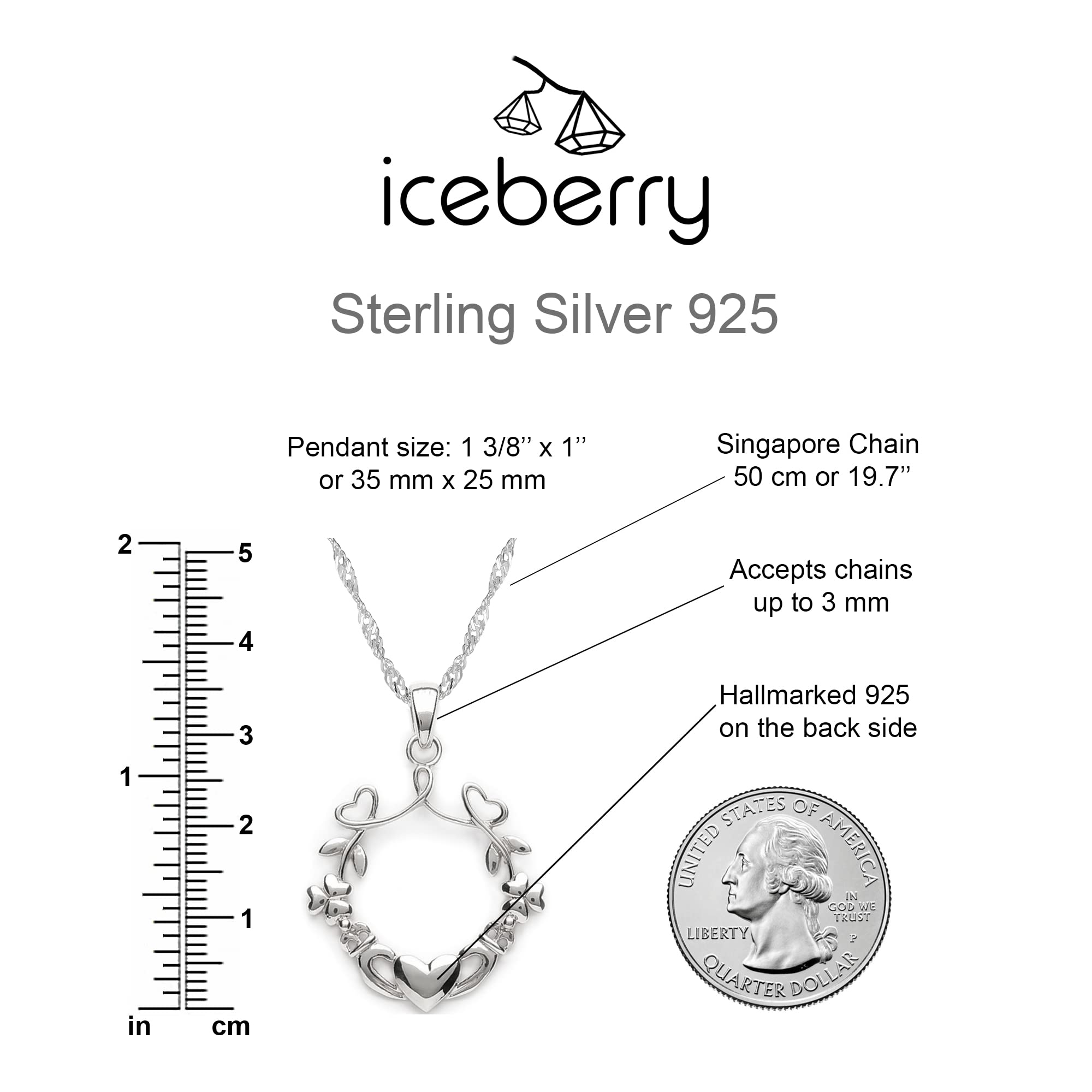 ICEBERRY Irish Claddagh Necklace 925 Sterling Silver - Dainty Leaf Clover Wreath Pendant with Chain 20" - Good Luck Blessing Shamrock Charm - Celtic Jewelry for Women