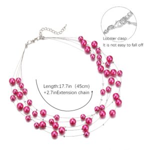 FULU AUTUMN Layered Pearl Necklace Multi-strand Pearl Choker Necklaces for Women Beaded jewelry for Wedding Parties(Hot pink)