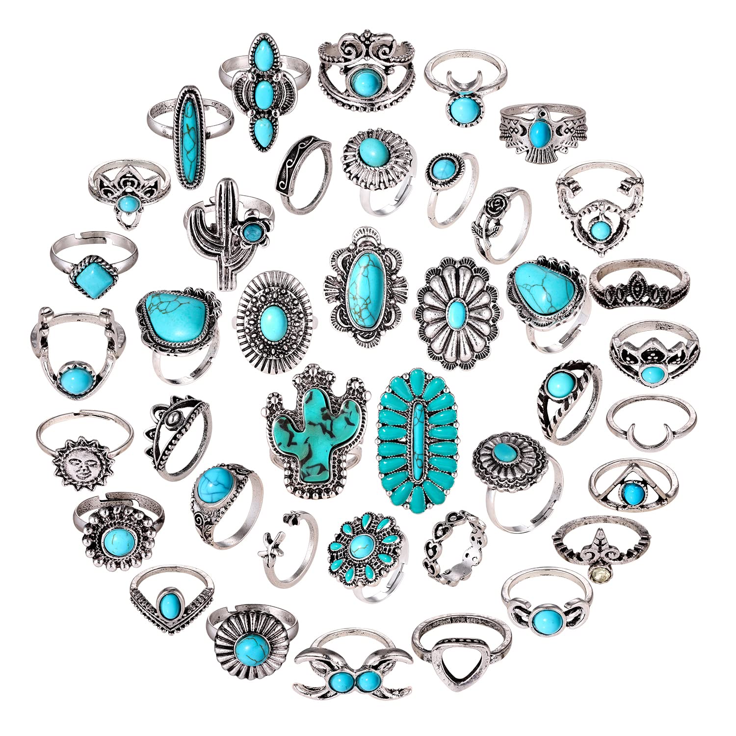 BVGA 40 Pcs Vintage Turquoise Rings for Women Bohemian Silver Oval Gemstone Rings Western Rings Boho Joint Knuckle Rings Midi Stacking Rings Set Gifts