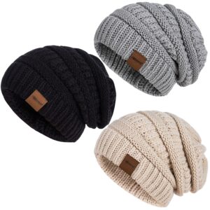 womens beanies 3 pack - slouchy, oversized, thick knit winter hats for cold weather (black, oatmeal, dark gray)