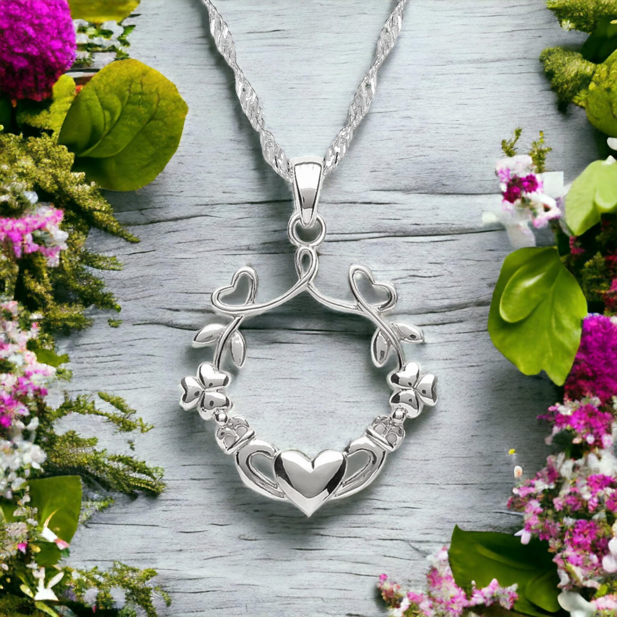 ICEBERRY Irish Claddagh Necklace 925 Sterling Silver - Dainty Leaf Clover Wreath Pendant with Chain 20" - Good Luck Blessing Shamrock Charm - Celtic Jewelry for Women