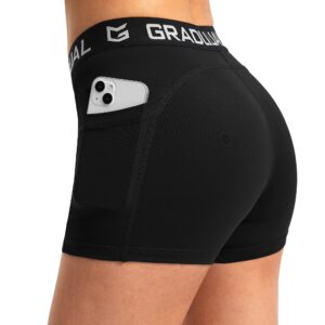 G Gradual Women's Spandex Compression Volleyball Shorts 3" /7" Workout Pro Shorts for Women (Black/Navy/Charcoal Pockets, Medium)