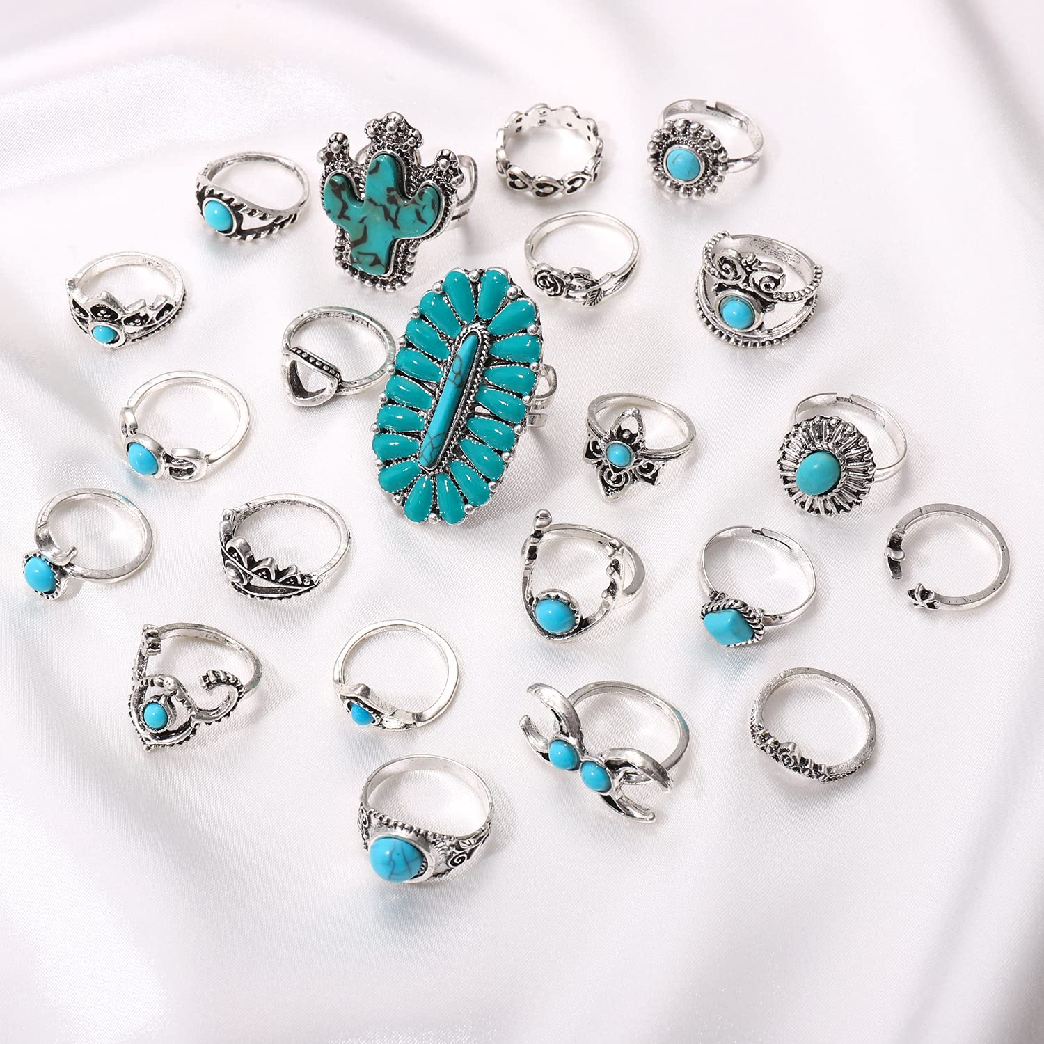 BVGA 40 Pcs Vintage Turquoise Rings for Women Bohemian Silver Oval Gemstone Rings Western Rings Boho Joint Knuckle Rings Midi Stacking Rings Set Gifts