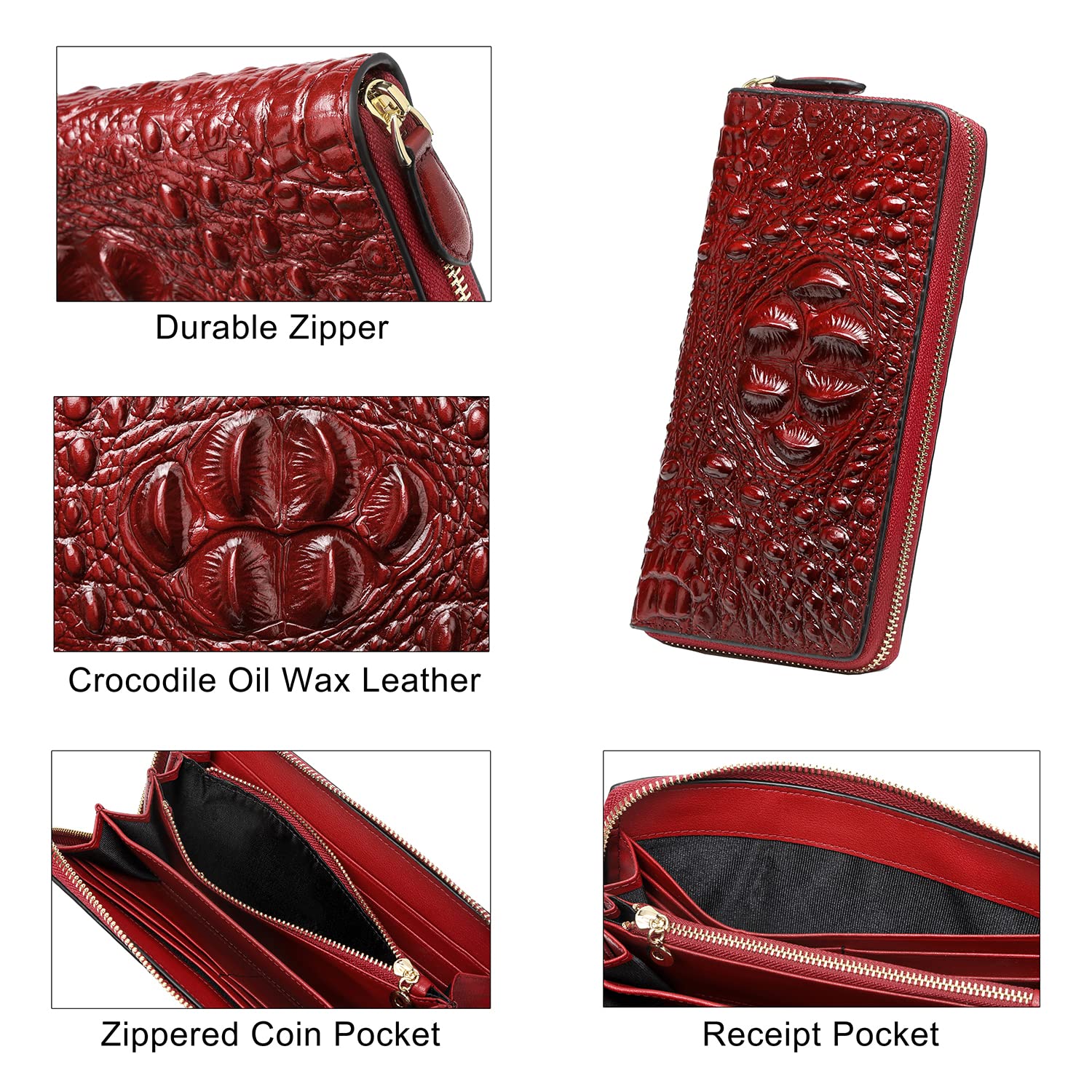 Women Leather Wallet RFID Designer crocodile Large Capacity Credit Cards Holder Organizer Phone Clutch (Wine)