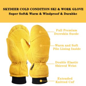 SKYDEER Full Genuine Deerskin Suede Leather Mittens with Pile Lining, Winter Gloves for Cold Weather Work and Ski (SD8677M/XL)