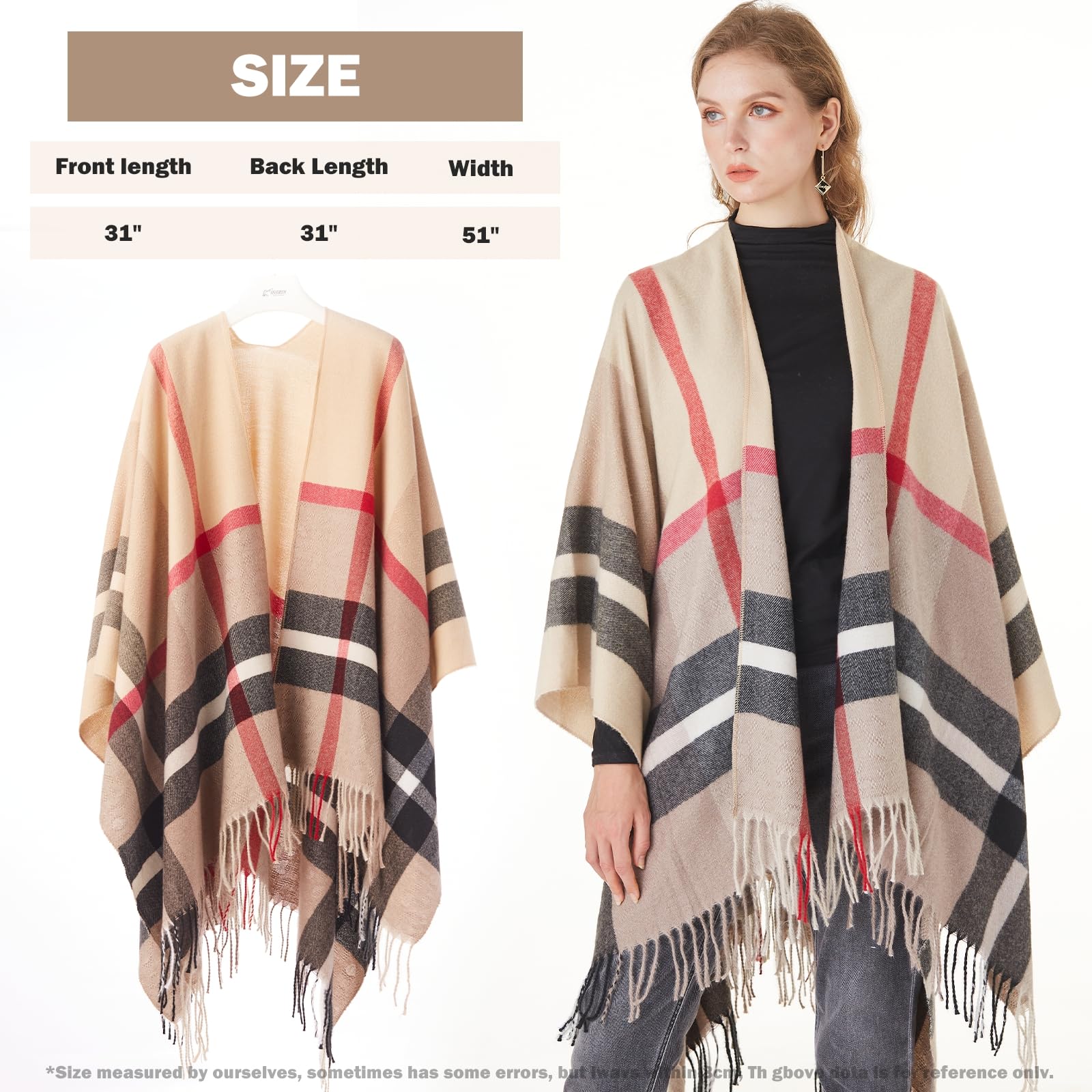 Rofilan Women's Plaid Shawl Wrap Warm Cardigan Open Front Poncho Cape for Central Air Conditioning or Public Chilly Places