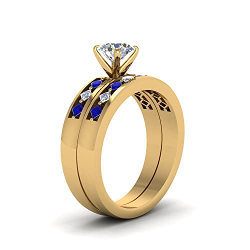 CustomizedGifts Kite Diamond Ring Setting With Matching Band yellow gold plated Created Blue Sapphire Round shape Blue color Wedding Ring Sets prong Setting in Size 8 Fashion Jewelry