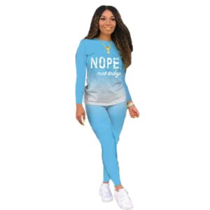 MRSYVES Workout Sets for Women Two Piece Outfits Casual Crew Neck Lip Print Long Sleeve Tops Bodycon Pants Set Light Blue 2XL