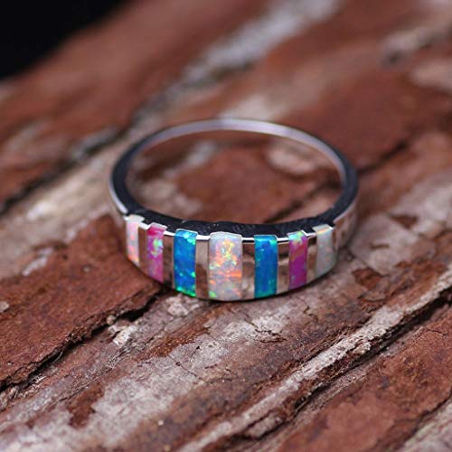 Opal Ring Lucky in Love Stone Wedding Band Engagement Ring Silver Finger Rings for Women (G, One Size)