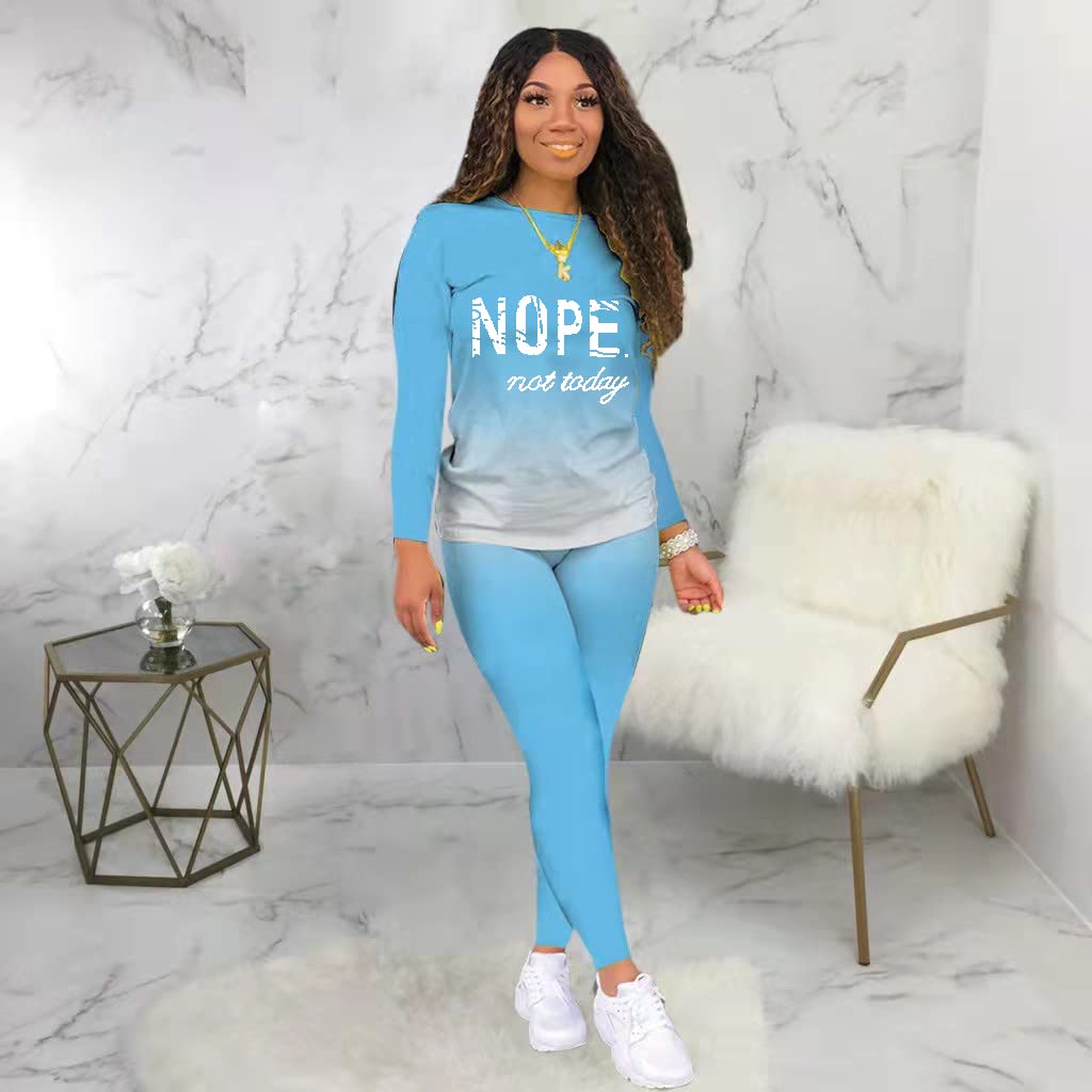 MRSYVES Workout Sets for Women Two Piece Outfits Casual Crew Neck Lip Print Long Sleeve Tops Bodycon Pants Set Light Blue 2XL