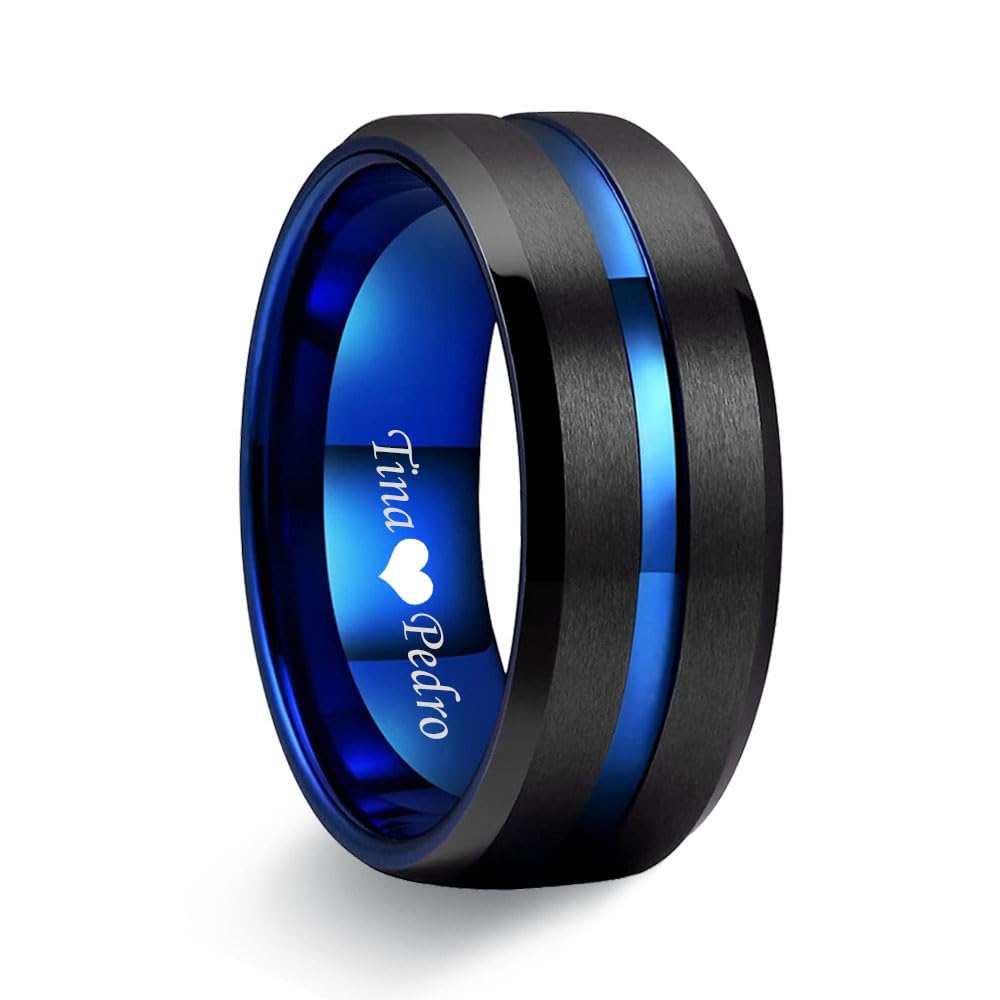 Personalized Matching Promise Rings for Couples Stainless Steel Black and Blue Wedding Rings Set for Him and Her Engraved Name Rings for Couples 8mm Mens Wedding Band Womens Blue Sapphire (Men's Ring)