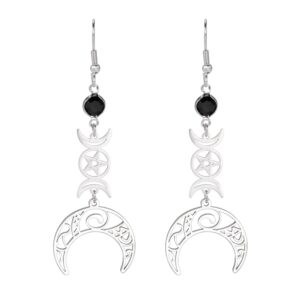 TEAMER Stainless Steel Crescent Goddess Black Birthstone Witches Knot Earrings Triple Moon Wicca Pentagram Gothic Celtic Knot Drop Earrings (Triple Moon - Steel)