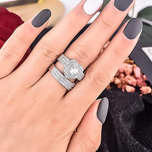 Heart Cut Wedding Band Bridal Ring Set for Women, Zirconia Fashion Ring Gift Ladies Bridal Party Wedding Drop-Shaped Ring Halo Pear-Shaped Rings Size 6-10, Stainless Steel, 7