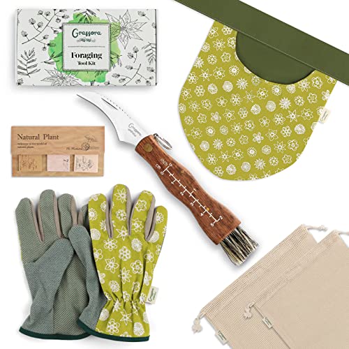 Grassora 6-in-1 Foraging Kit with Mushroom Mesh Bags, Pounch, Knife, Gloves and Stickers, for Beginners Pros, Hunting Supplies Foragers' Gift, Army Green