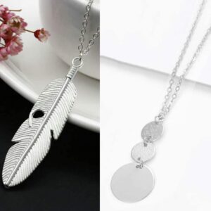 YQZIYOU 4 PCS Long Necklaces for Women - Fashion Pendant Necklace Jewelry, Silver Bar Feather Circle Leaf Lock Tassel Y Necklace Jewelry Set