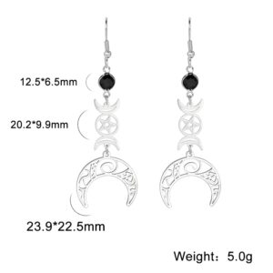 TEAMER Stainless Steel Crescent Goddess Black Birthstone Witches Knot Earrings Triple Moon Wicca Pentagram Gothic Celtic Knot Drop Earrings (Triple Moon - Steel)