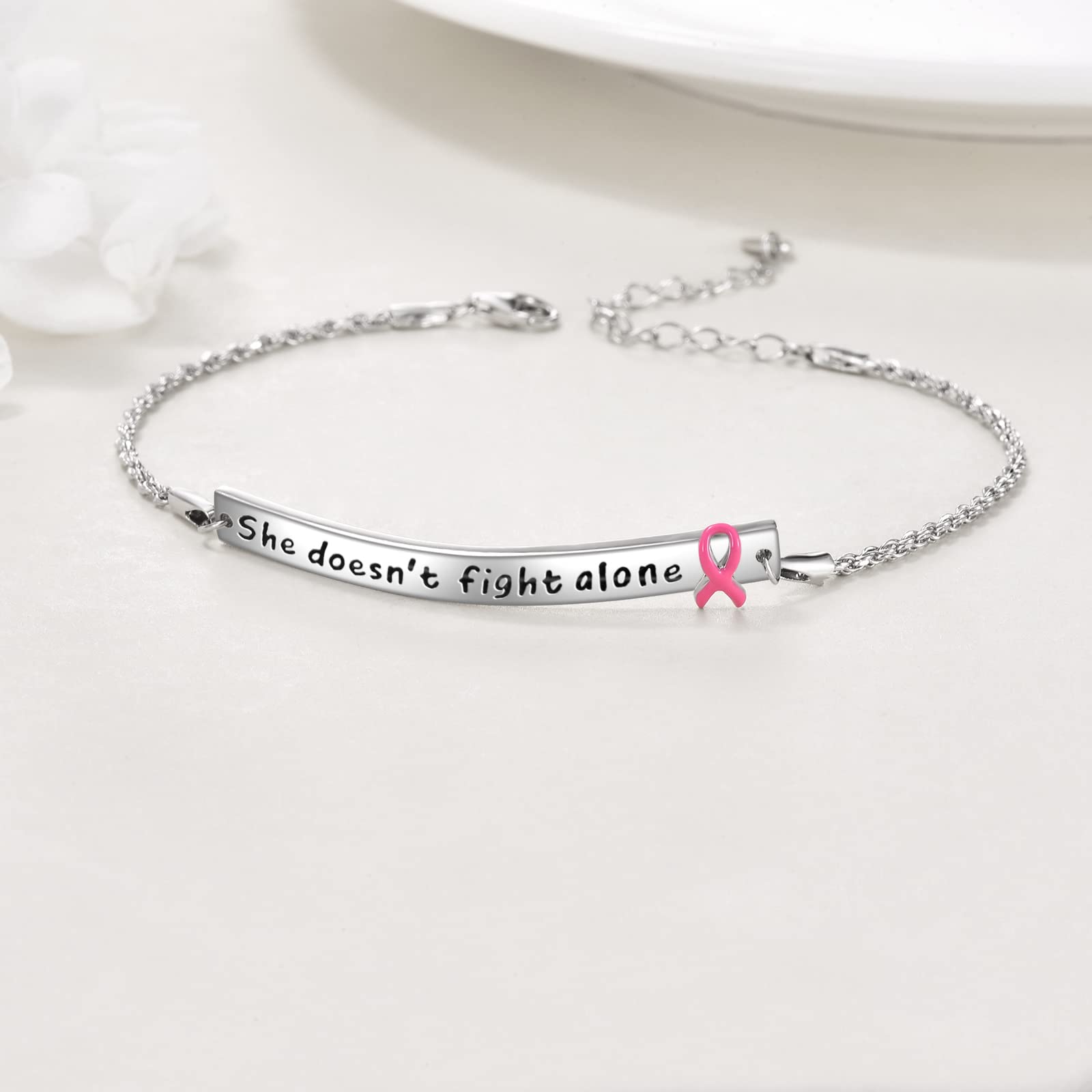 YFN Sterling Silver Pink Ribbon Bracelets Breast Cancer Awareness Gifts Motivational Bracelets Engraved She Doesn't Fight Alone