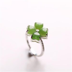 LSCZSLYH Classic Jade Green Clover Ring For Lady Anniversary Accessories Gift Fashion 925 Sterling Silver Ring Women Jewelry Adjustable (Gem Color : Ring)