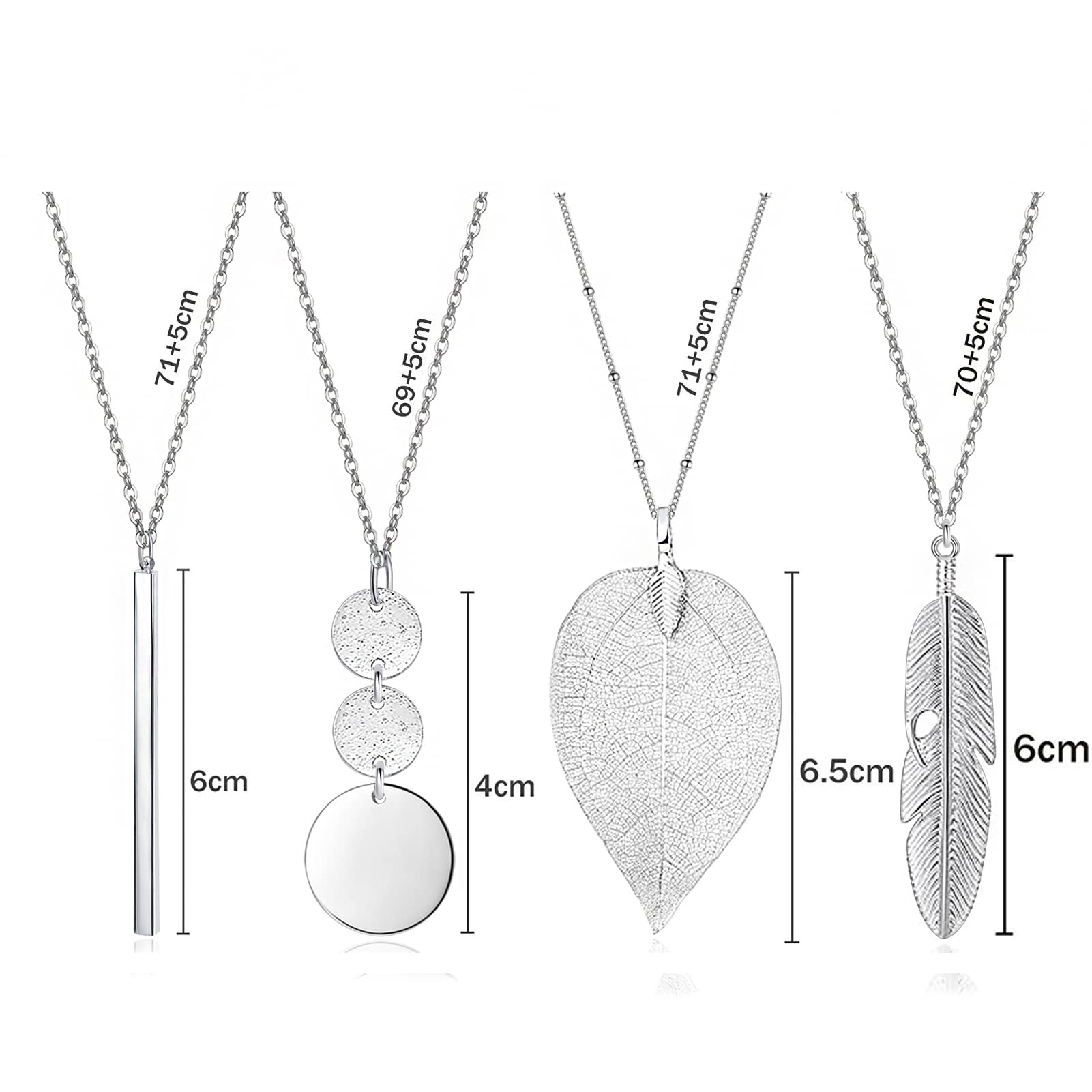 YQZIYOU 4 PCS Long Necklaces for Women - Fashion Pendant Necklace Jewelry, Silver Bar Feather Circle Leaf Lock Tassel Y Necklace Jewelry Set