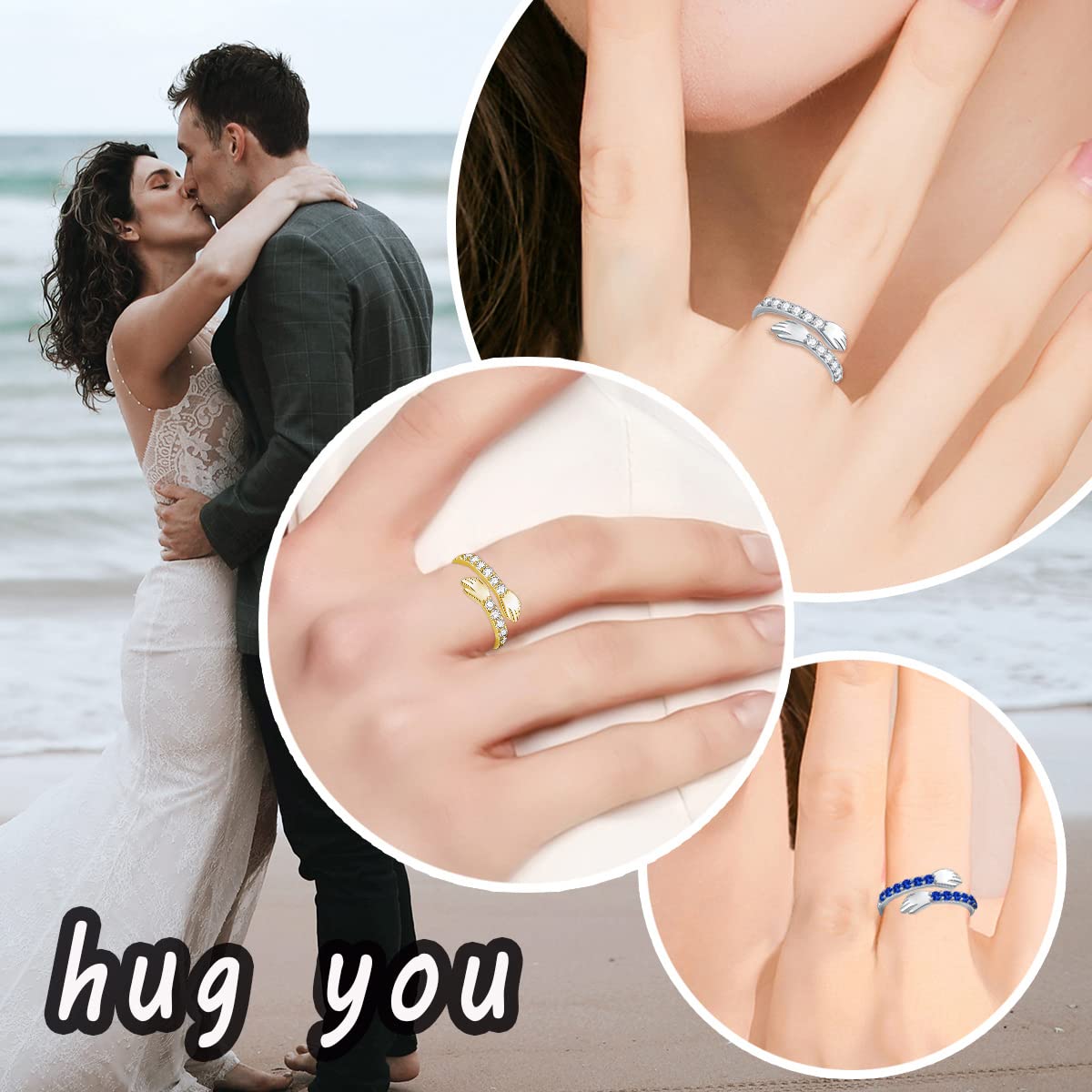 Hug Ring 925 Sterling Silver Rings Hugging Hand Jewelry Couple Hugs Finger Ring Adjustable Best Friend Rings Friendship Zircon Valentine's Day Gifts for Girl Women Granddaughter Wife