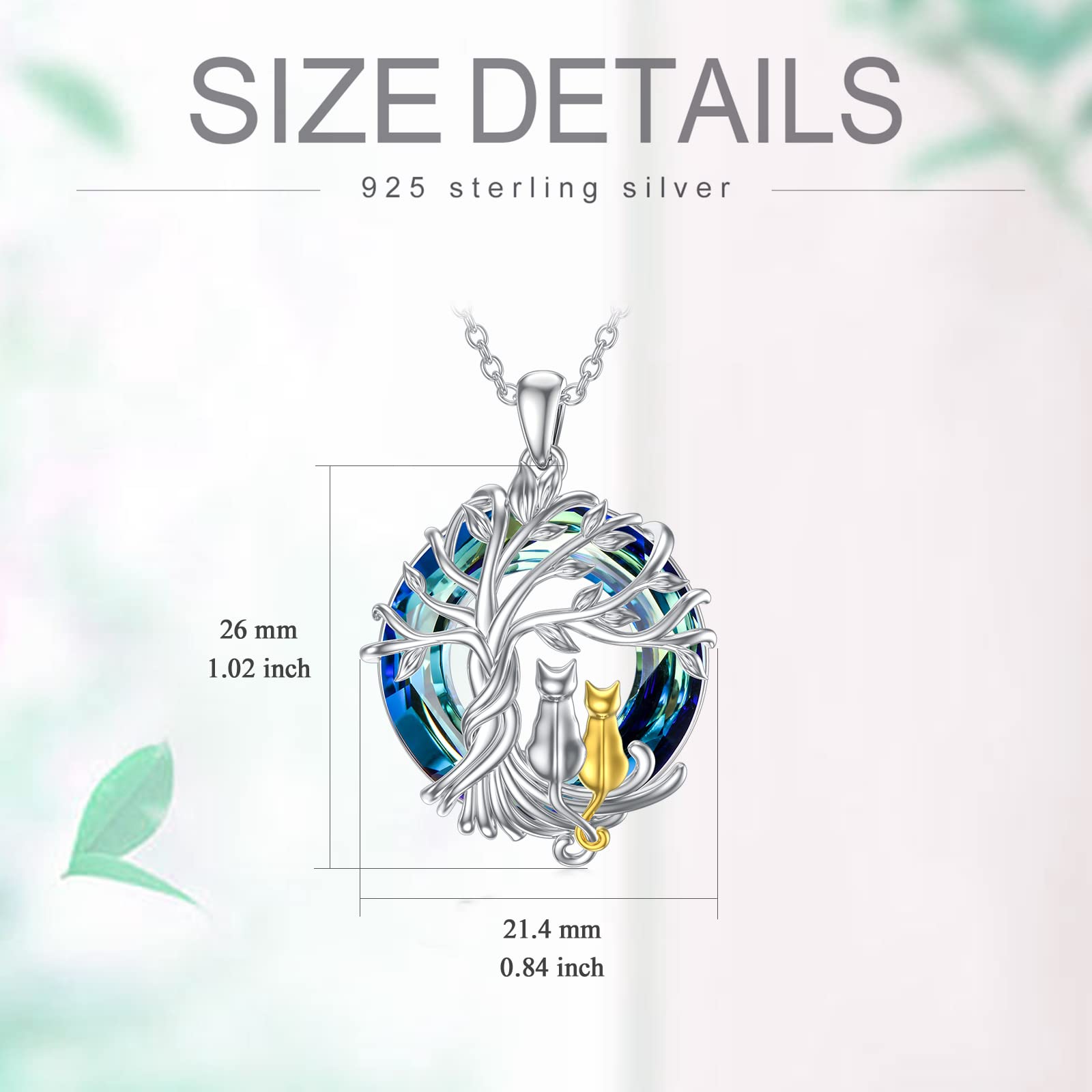 TOUPOP Two Cats Necklace 925 Sterling Silver Tree of Life Necklace with Blue Circle Crystal Cat Lovers Jewelry Gifts for Women Mom Daughter Birthday Christmas