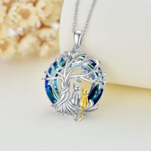 TOUPOP Two Cats Necklace 925 Sterling Silver Tree of Life Necklace with Blue Circle Crystal Cat Lovers Jewelry Gifts for Women Mom Daughter Birthday Christmas