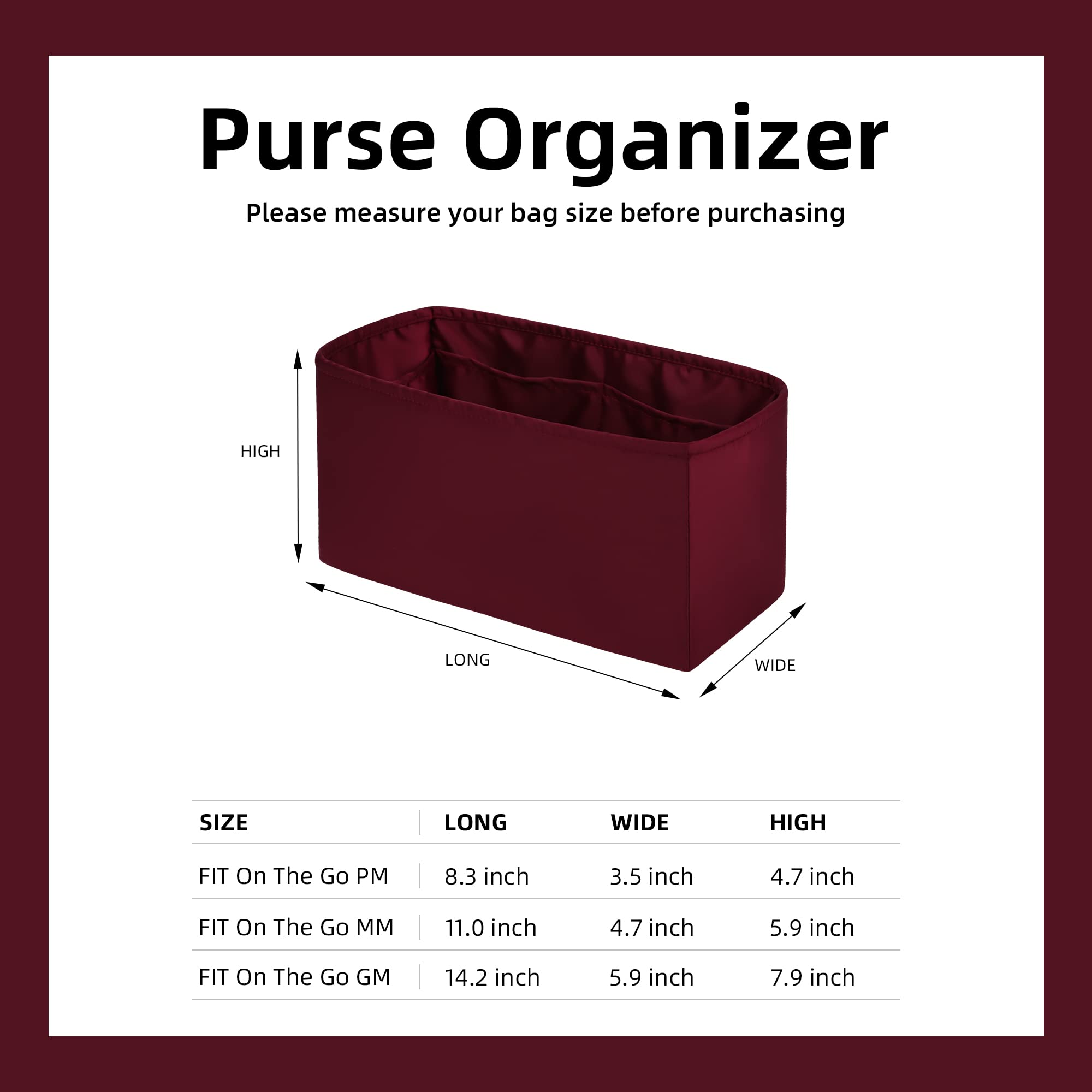 DGAZ Silk Purse Organizer Insert Fits LV ONTHEGO bags，Silky Smooth Bag Organizer，Luxury Handbag & Tote Shaper（Wine red，MM）