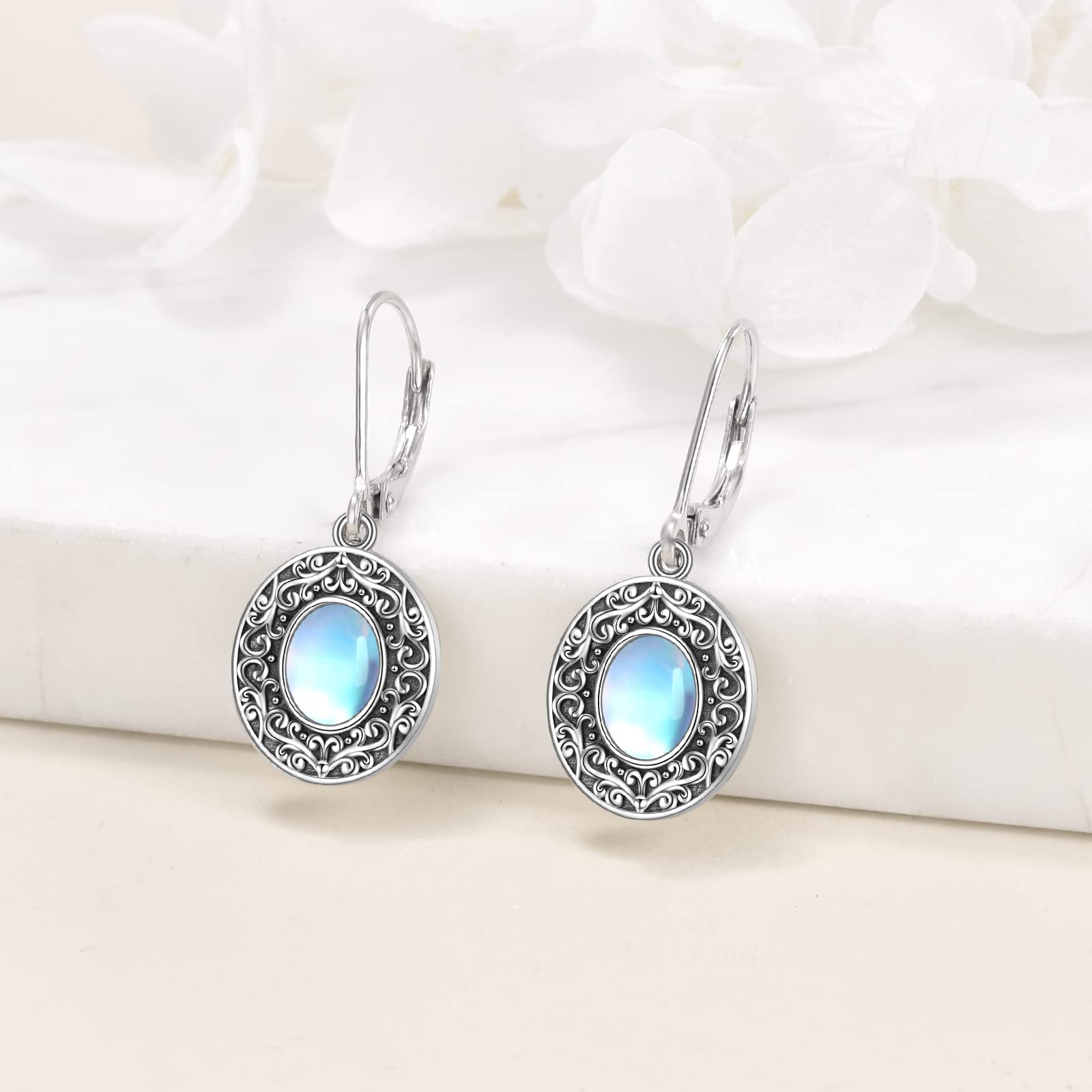 Sterling Silver Floral Moonstone Earrings Oval Shaped Drop Dangle Leverback Earrings for Women (Filigree)