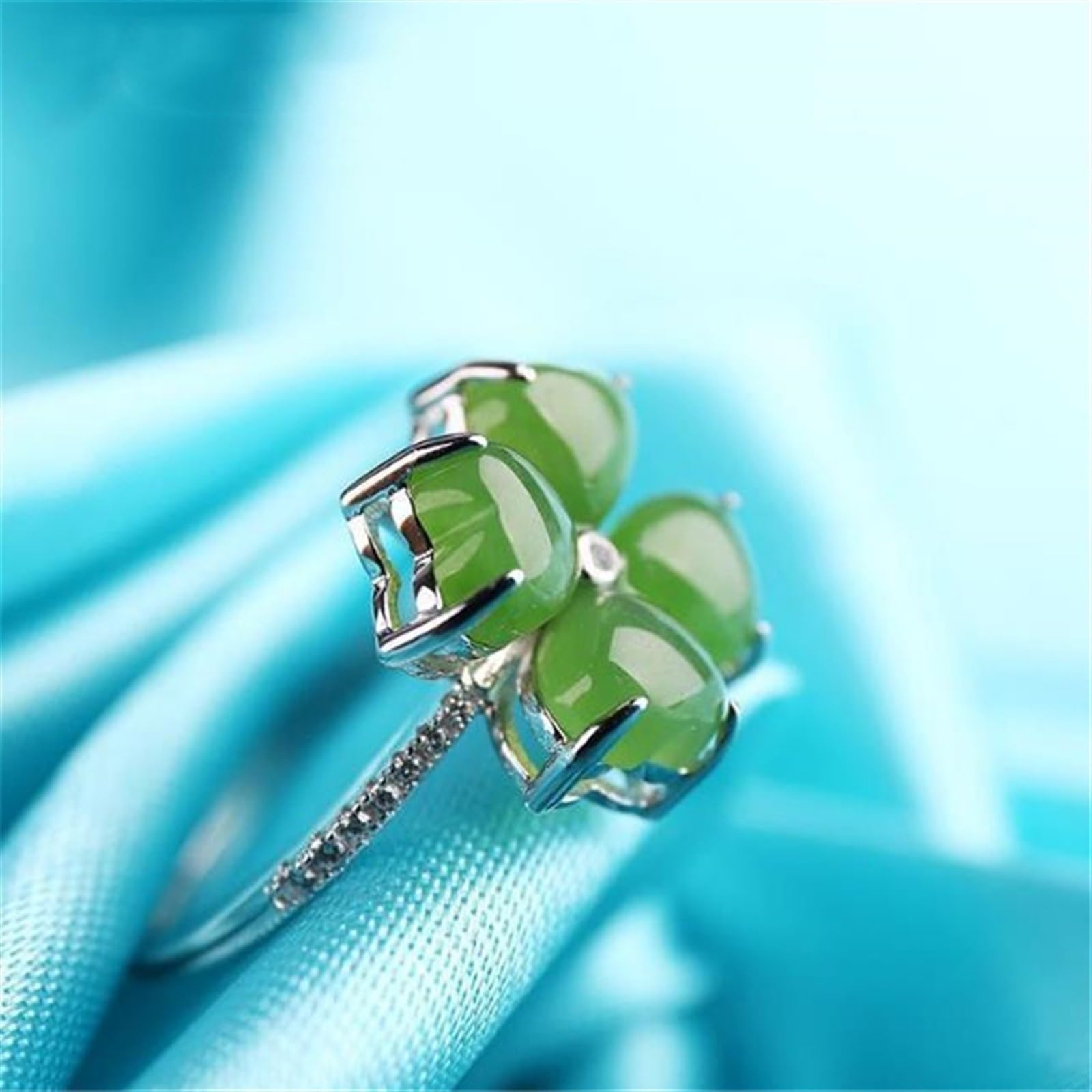 LSCZSLYH Classic Jade Green Clover Ring For Lady Anniversary Accessories Gift Fashion 925 Sterling Silver Ring Women Jewelry Adjustable (Gem Color : Ring)