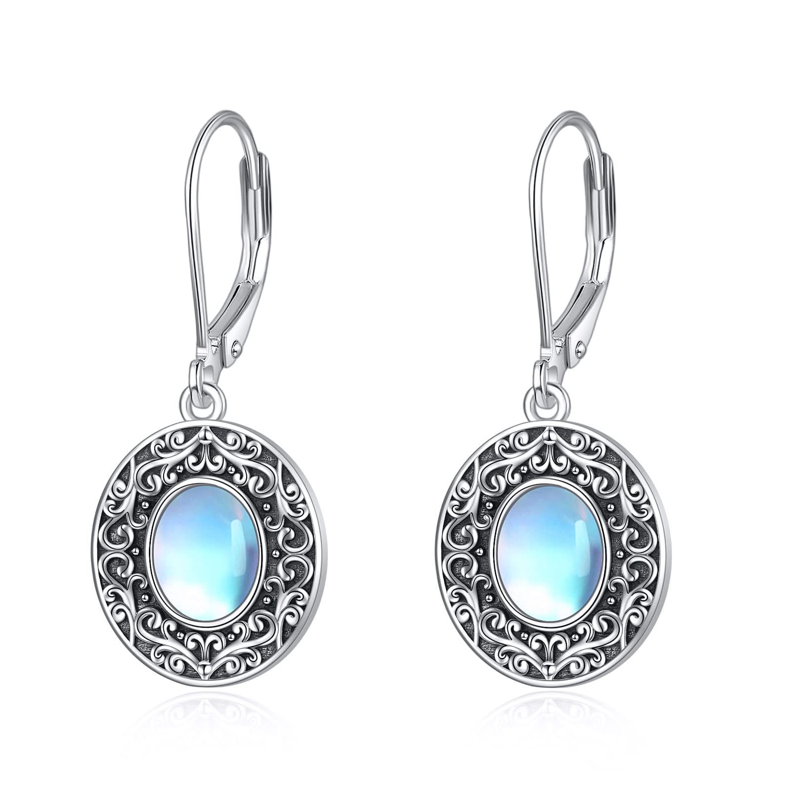 Sterling Silver Floral Moonstone Earrings Oval Shaped Drop Dangle Leverback Earrings for Women (Filigree)