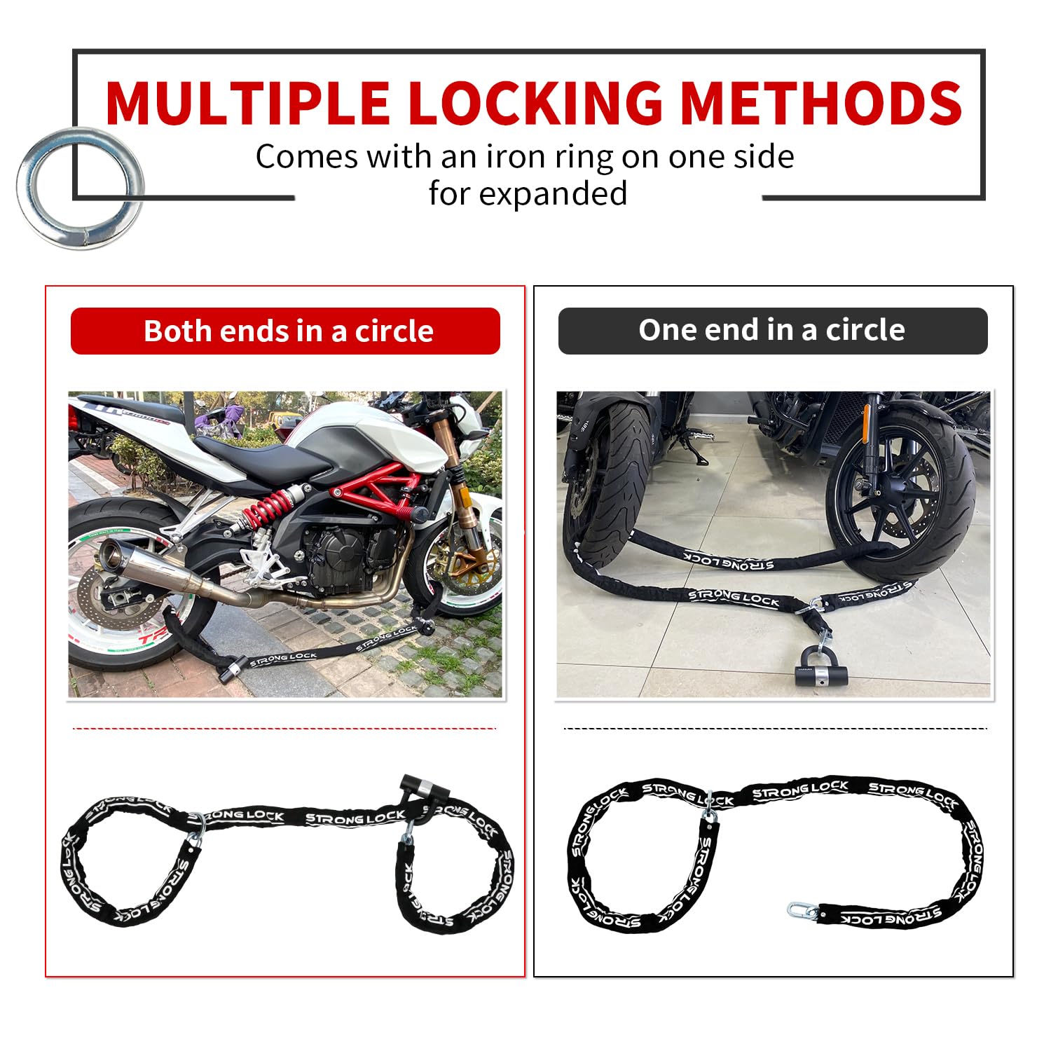 AKM Motorcycle Lock Chain Lock Anti-Theft 8.2ft/250cm Super Long Durable 12mm Thick Bike Chain Lock with 4 Keys Security 16mm U Lock,for Motorcycles,Containers,Trailers,ATV