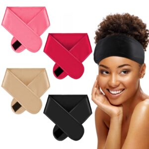 Eurzom 4 Pieces Satin Hair Wrap Scarf Satin Headband for Black Women's Hair Adjustable Silk Hair Wraps for Sleeping Nonslip Strips (Black, Dark Pink, Wine Red, Rose Gold,Cute)