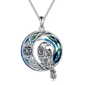 onefinity raven necklace sterling silver viking celtic crow raven crystal pendant crescent moon pentagram amulet wiccan jewelry christmas gifts for women men