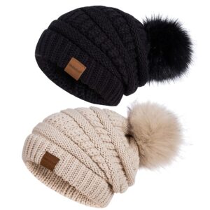 Beanies Women with Pom, Winter Hats for Women with Thick Warm Fleece Lining Cold Weather, Beanie Hats for Women Knit Slouchy(Black+Oatmeal)