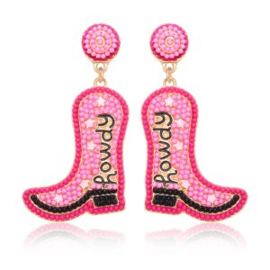 Cowgirl Boot Earrings Hypoallergenic Beaded Howdy Drop Dangle Earrings Handmade Western Country Dangling Earrings Jewelry for Women(hot pink)