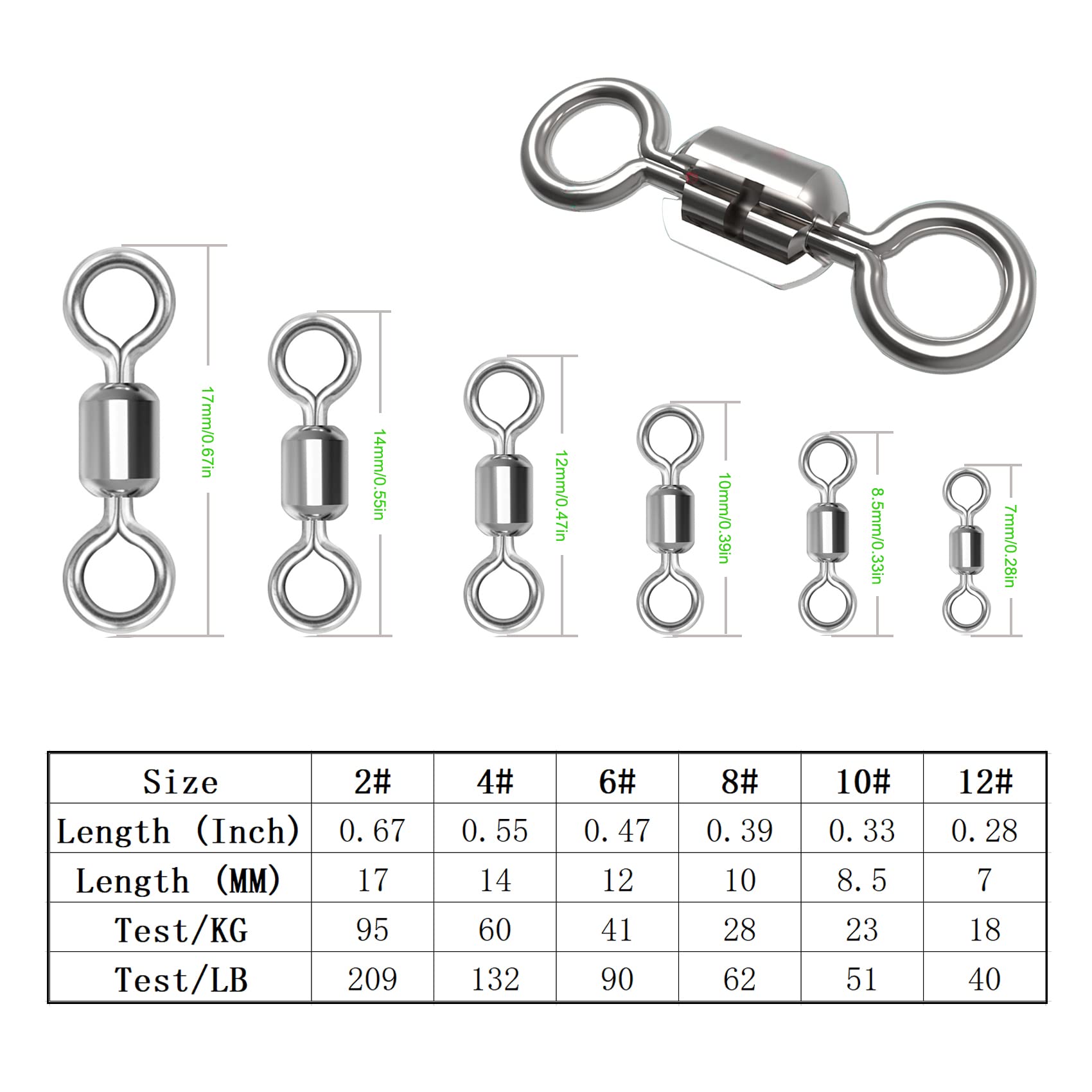 JOYGO FISHAN 90PC Fly Fishing Micro Swivels Stainless Steel Material Fishing Barrel Swivels Set Rolling Bearing Snap Connector Fishing Tackle 40LB-210LB (90PC 6size Super Strong Swivels)