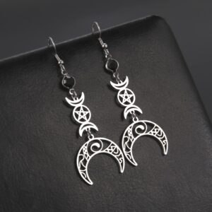 TEAMER Stainless Steel Crescent Goddess Black Birthstone Witches Knot Earrings Triple Moon Wicca Pentagram Gothic Celtic Knot Drop Earrings (Triple Moon - Steel)