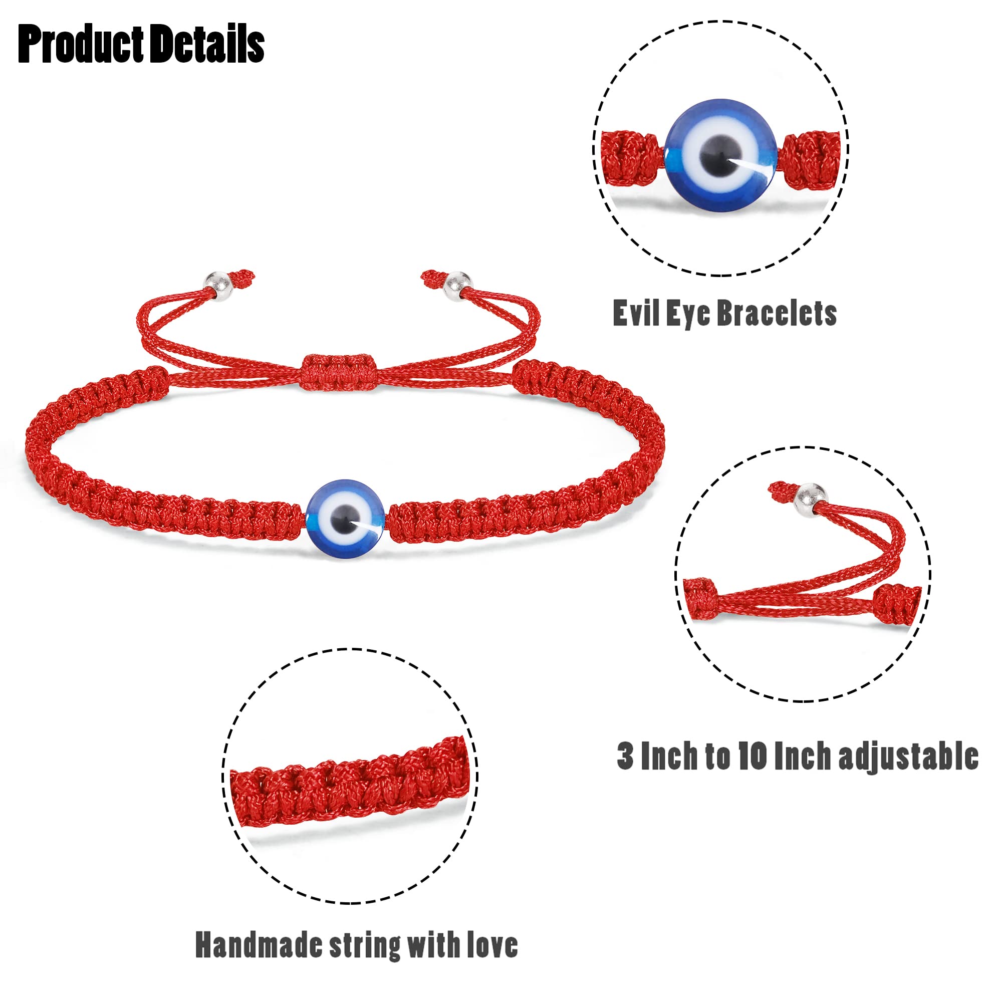 VIBILIA 2 Pcs Evil Eye Bracelets for Women Men Handmade Braided Kabbalah Good Luck Bracelet Rope Cord Thread Friendship Bracelet Adjustable String Minimalist Jewelry - Red & Black